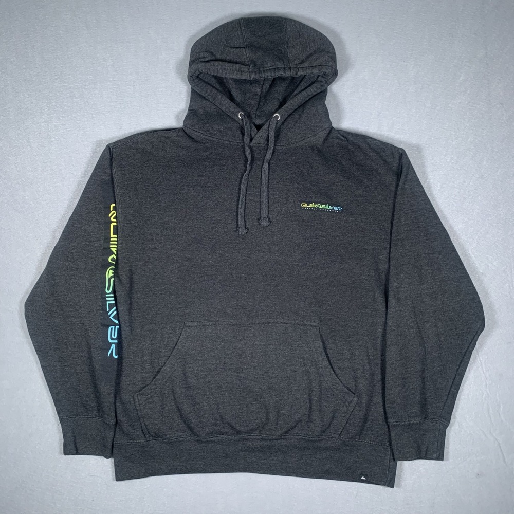 Vintage Quiksilver Hoodie Mens Large Gray Coastal Neon Sleeve Graphic Pullover